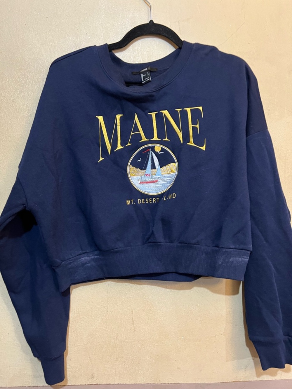Forever 21 Navy Crop Sweatshirt with Yellow Maine Sail Graphic - Picture 3 of 5